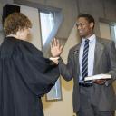 Student Government Association President DeJon McCoy-Milbourne is sworn in to Appalachian State University’s Board of Trustees by North Carolina District Judge Rebecca Eggers-Gryder at the June 22 Board of Trustees meeting. McCoy-Milbourne, of Fayetteville, is a senior quadruple major in finance and banking, risk management and insurance, accounting and economics. Photo by Troy Tuttle.