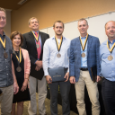Winners of the 2018 Appalachian Excellence in Teaching Awards at the Fall Semester Faculty and Staff Meeting. From left: Dr. Thomas Whyte, professor in the Department of Anthropology; Dr. Susan Staub, professor in the Department of English; Dr. Richard Pouder, professor in the Department of Management; Dr. Gabriele Casale, associate professor in the Department of Geological and Environmental Sciences; Dr. William “Bill” Anderson, professor in and chair of the Department of Geological and Environment Science