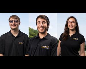 From left, sustainable business minor Hunter Bristow, finance and banking major Diego Lewis, and environmental economics and policy major Kali Smith, help make up the 2018 crew of 15 taking Appalachian State University’s Cruiser Class solar car ROSE (Racing on Solar Energy)