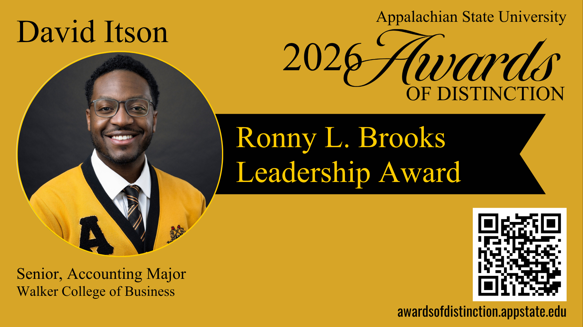 Promotional graphic for Appalachian State University&rsquo;s 2026 Awards of Distinction featuring David Itson. Circular headshot at left. Text reads: &ldquo;David Itson,&rdquo; &ldquo;Ronny L. Brooks Leadership Award,&rdquo; and &ldquo;Senior, Accounting Major