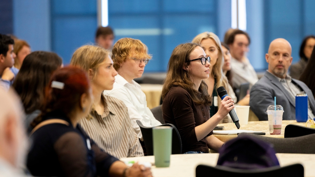 Students and faculty interacting during a questions and answers session at the 2026 Global Good conference. Photo by Kyla Willoughby