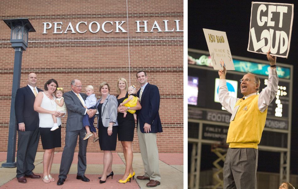 The building was renamed to honor Ken Peacock in 2014. He stands with his family during a renaming celebration. Peacock is also pictured at a football game. 