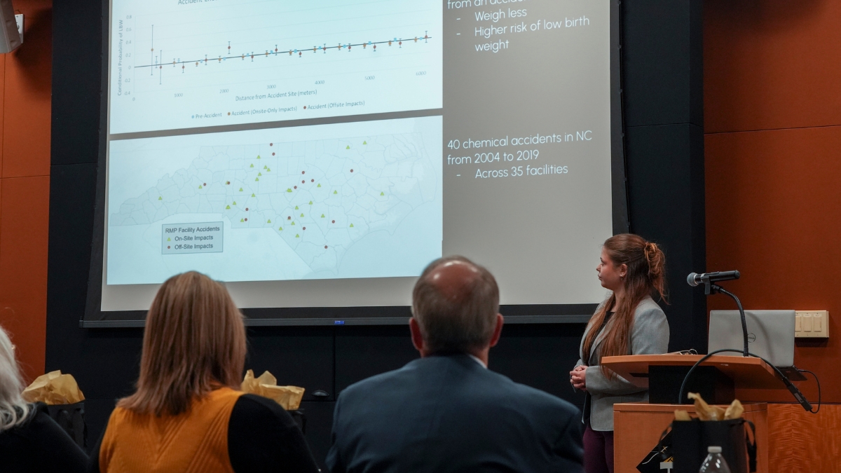 Master of Business Administration student Karlee Cook presents her research on chemical accident sites and birth outcomes at App State&rsquo;s 14th Annual Three Minute Thesis (3MT) competition. 