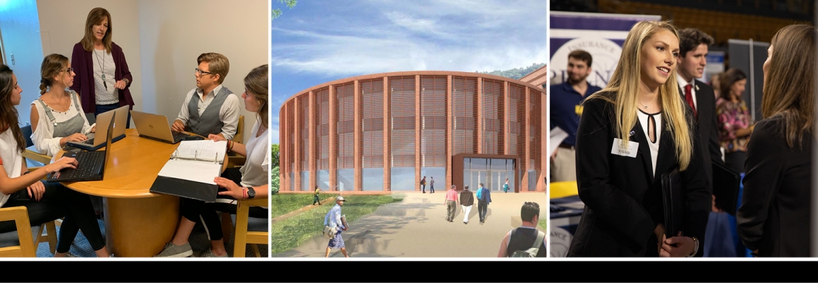 Students and faculty working together, Peacock Hall Rendering, Student and employer at Walker Business Connection