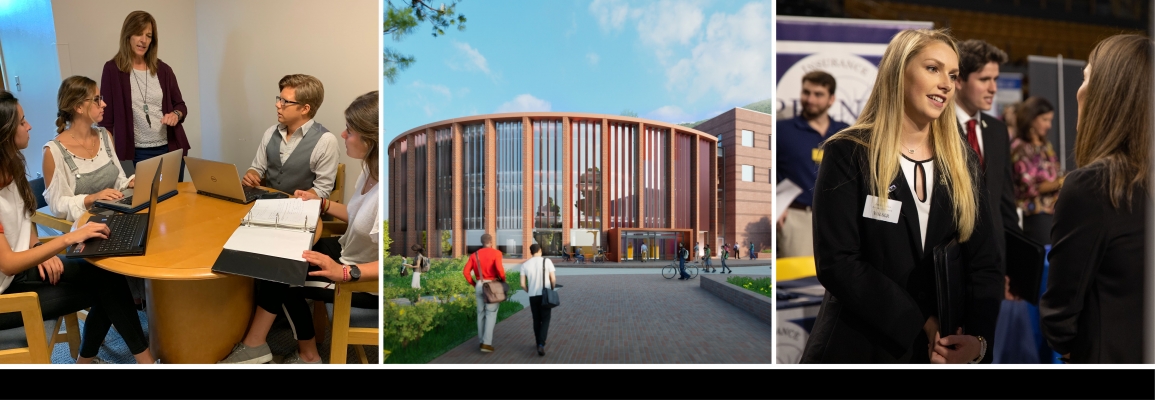 Students and faculty working together, Peacock Hall Rendering, Student and employer at Walker Business Connection