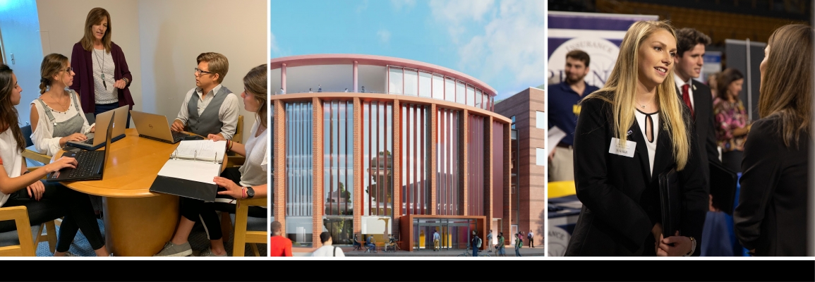 Students and faculty working together, Peacock Hall Rendering, Student and employer at Walker Business Connection