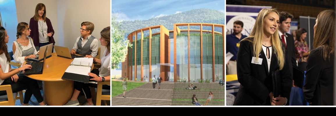 Students and faculty working together, Peacock Hall Rendering, Student and employer at Walker Business Connection