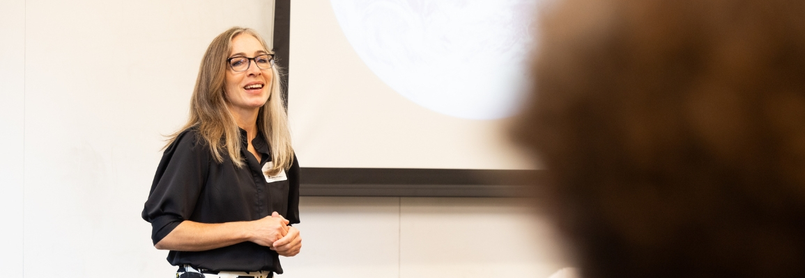 Laura England serves as a Global Good speaker in the Plemmons Student Union.