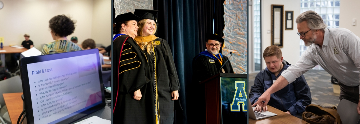 Collage of photos: A screen with profit and loss and a class in the background, among a crowd, a graduate with professor at commencement, a professor points something out on a screen to a student