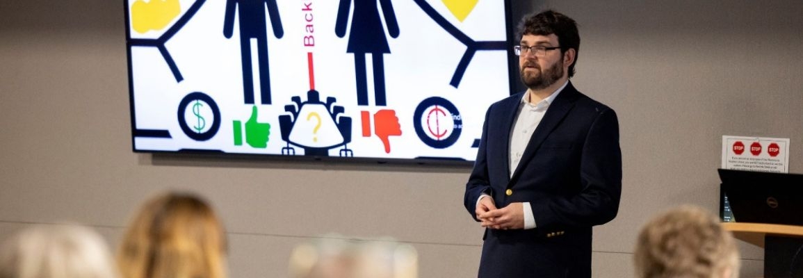 IHORM Sstudent Steven Vogel presents during 2025 3MT at App State.