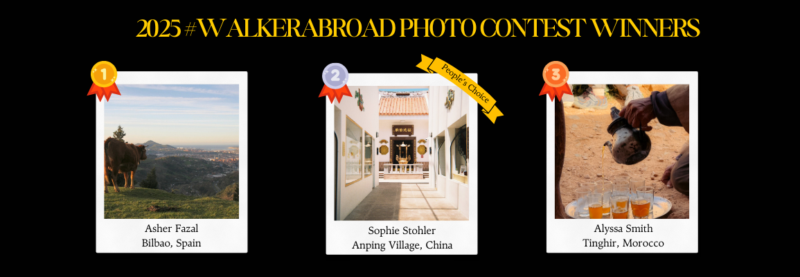 2025 #Walker Abroad Photo Contest Winners: First place is Asher Fazal with a picture of a cow overlooking a city in Bilbao, Spain. Second is a picture from Sophie Stohler of a piece f architecture in China. Third place is from Alyssa Smith, and shows an old man pouring tea. It is from Tinghir, Morocco.