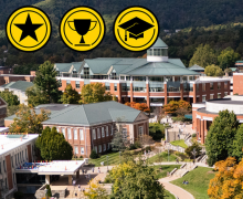 U.S. News & World Report, The Princeton Review, Forbes magazine, The Wall Street Journal, Washington Monthly magazine and Money.com have named App State among the nation’s top schools for 2025–26, recognizing the university for its academics, innovation, value, benefits for student veterans and more. This aerial image of App State’s Boone campus, taken Sept. 18, shows the beginnings of fall color dotting campus trees. 