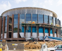 View of the exterior glass being installed for the new addition. Photo by Chase Reynolds