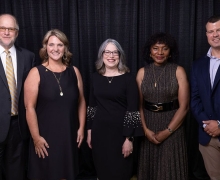 The App State Alumni Association recognized four Mountaineers at the university’s 2025 Alumni Awards Gala, held July 12 on the Boone campus. Pictured with App State Chancellor Heather Norris, center, from left to right, are Outstanding Service Award recipient Phillip Ostwalt ’83, Distinguished Alumni Award recipient Kimberly Shepherd ’97, Distinguished Alumni Award recipient Retired U.S. Army Col. Edna Cummings ’78 and Young Alumni Award recipient Bryson Stewart ’09. 
