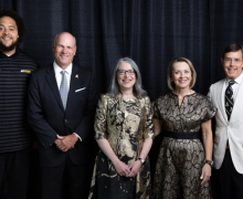App State’s Alumni Association recognized four Mountaineers at the university’s 2026 Alumni Awards Gala, held July 11 on the Boone campus. Pictured with App State Chancellor Heather Norris, center, from left to right, are Young Alumni Award recipient Kendall Lamm ’14, Honorary Alumni Award recipient Shawn Poole, Outstanding Service Award recipient Donna Fiori ’80 and Distinguished Alumni Award recipient Dr. M. Lee Barnes ’90. 