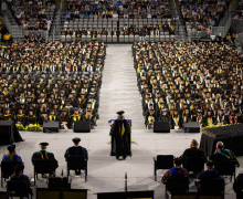 App State honored more than 4,300 Mountaineer graduates — the largest graduating class in university history — during its seven Spring 2026 Commencement ceremonies, held May 7–9 in Holmes Convocation Center on the Boone campus. Pictured, App State Chancellor Heather Norris addresses the Class of 2026.