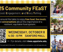 Poster with images of last year's FEAST and event information: The event is scheduled for Wednesday, October 8, 2025, from 4:30 to 6:00 p.m. on Sanford Mall at Appalachian State University's Boone campus.
