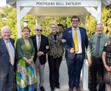 App State Chancellor Sheri Everts, center, with the 2023 members of App State’s Bell Ringers Society. Pictured with Everts, from left to right, are Bob Snead ’55 ’57, Rebecca Eggers-Gryder ’83, Dr. Harvey Durham, J.P. Neri, Bruce Guy and Linda Guy. 