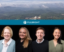 Six App State faculty and alumni received 2022–23 Fulbrights through the Fulbright U.S. Scholar Program and Fulbright U.S. Student Program, respectively. Pictured, from left to right, are Dr. Alexandra Sterling-Hellenbrand, professor of German and global studies; Dr. Katherine Ledford, professor of Appalachian studies; alumna Payton Blaney ’22, of Reidsville; alumnus Henry Campbell ’21, of Winston-Salem; alumna Ilya Wang ’20, of Rockwell and Taichung, Taiwan; and alumnus Andrew Williard ’22, of Winston-Sale