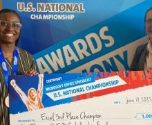Rachel Hamlin, left, with faculty advisor Tori Humler. Hamlin, a CIS and IB double major, earned third place in the 2025 Microsoft Office Specialist U.S. National Championship June 18, 2025.