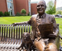 The new John E. Thomas sculpture sits outside the main entrance of John E. Thomas Hall on App State’s Boone campus.