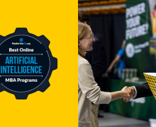 Student at App State shakes hands with an employer, alongside badge for est online MBA programs in AI