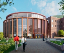This artist’s rendering provides an exterior view of the new addition for App State’s Peacock Hall, home of the university’s Walker College of Business. The addition is anticipated to open in 2027. Note, this image does not reflect the project’s final design, which is still in development. Click on the image for a full view. 