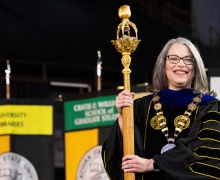Pictured during her installation ceremony, held Oct. 3 in Holmes Convocation Center on the Boone campus, App State Chancellor Heather Norris holds the university mace and wears the chain of command and university medallion — university emblems that represent the trust and authority invested in the chancellor by the institution’s governing body. The ceremonial event officially marked the beginning of her leadership tenure at App State. 