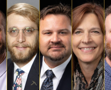 From left are faculty members newly named to professorships in the Walker College: Dennis Guignet, Alex Holcomb, Jeff Kaleta, Tammy Kowalczyk, and Doug Roberts