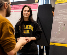 This year’s Celebration of Student Research and Creative Endeavors will be the largest in App State history, with 240 students participating. Pictured, an App State student presents their research poster during last year’s event. 