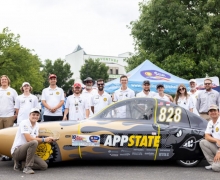 App State Team Sunergy members pose with their multi-occupant solar vehicle, ROSE, during Display Day on July 19 at the Adventure Science Center in Nashville, Tennessee, before embarking on the cross-country 2024 Electrek American Solar Challenge (ASC), held July 20–27. The student-led, interdisciplinary team finished second in both the ASC and the challenge’s qualifying race, the 2024 Electrek Formula Sun Grand Prix, completing over 2,100 miles.