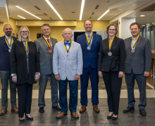 App State faculty and staff recipients of the Walker College of Business’ 2026 Sywassink Awards for Excellence. Pictured, from left to right, are Dr. Abhijit Ramalingam, Dr. Brandy Hadley, Scott Jensen, Dr. Harry Davis, Dr. Matt Crump, Cele Burt and Dr. Jonathan Bitting. Not pictured is Dr. Robin Romanus. Photo by Sabrina Cheves