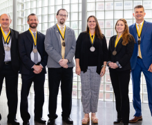 The six faculty and staff winners of the 2024 Sywassink Awards for Excellence, awarded by App State’s Walker College of Business. Pictured, from left to right, are Dr. Jim Westerman, Dr. Dennis Guignet, Chris Taylor, Sabrina Cheves, Katharine Stone and Dr. David Marlett. 