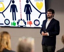 Steven Vogel, a second-year graduate student in the Industrial-Organizational Psychology and Human Resource Management program, presents at App State's 3MT competition January 24, 2025