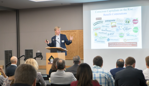 As part of the Walker College’s Business for Good conference at Appalachian State University, students and faculty are hearing from leaders in sustainable business practice, including Mr. John Replogle, CEO & President of Seventh Generation. (Photo by Marie Freeman)