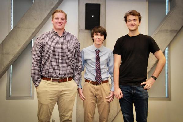 Pictured, from left to right, are 2017 Big Idea Pitch Competition winners Greer, third place, Barbee, first place, and Walters, second place. Photo by Sabrina Cheves