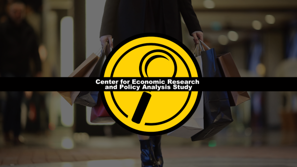 Magnifying glass and Center for Economic Research and Policy Analysis overlay a holiday shopping scene