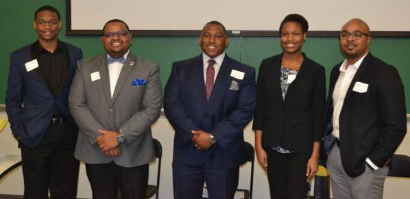 Dejon McCoy-Milbourne serves as the moderator during the Courageous Conversations event at Appalachian State University with panelists Houston Sloan, Dylan Galloway, Troi Robinson-Moss and Kendrick Tillman. Photo by Kayla Lasure, Watauga Democrat