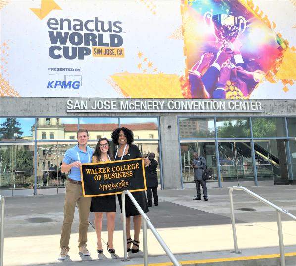 From left, sophomore international business major Adam Garrison, sophomore management major Hannah Ross, and MBA student Michelle Jeanniton-Garrett attended the 2019 Enactus World Cup in San Jose, CA. 