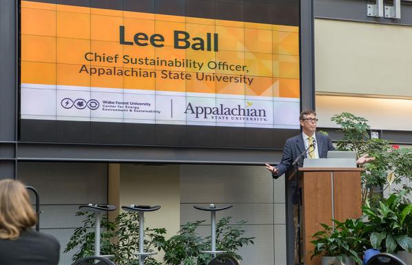 Lee Ball, chief sustainability officer at Appalachian, spoke to an audience of students, educators and business leaders about the importance of sharing ideas and best practices to support a clean energy economy at the 2018 Appalachian Energy Summit’s midyear meeting. Photo submitted