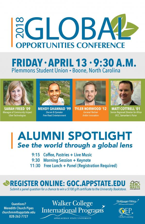 Alumni from Appalachian State University's Walker College of Business will speak at the 10th annual Global Opportunities Conference on Friday, April 13 from 9:30 am to 2:00 pm in the Plemmons Student Union on Appalachian State University's campus.