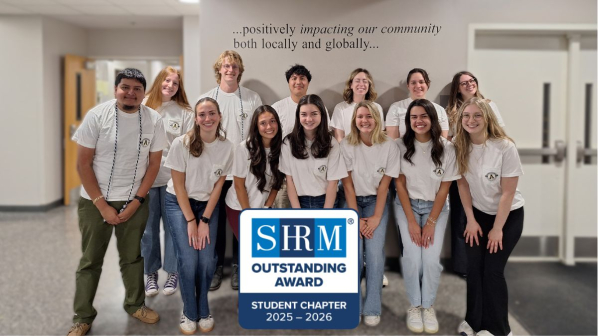 A large group of SHRM members in Boone and a SHRM logo. Photo submitted