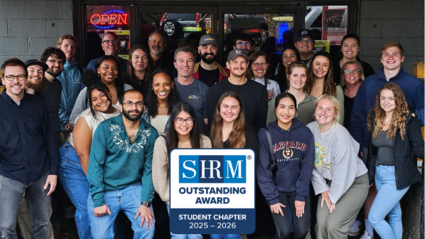 A large group of SHRM members in Boone and a SHRM logo