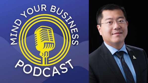 Mind Your Business Podcast logo with image of featured guest, Jason Xiong