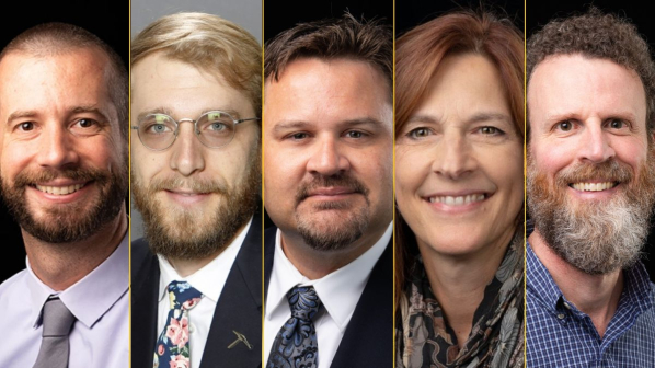 From left are faculty members newly named to professorships in the Walker College: Dennis Guignet, Alex Holcomb, Jeff Kaleta, Tammy Kowalczyk, and Doug Roberts