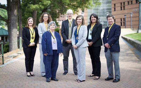 The winners of the Walker College of Business’ 2019 Sywassink Awards for Excellence. Pictured, from left to right, are Amy Odom ’03, Dr. Rachel Shinnar, Dr. Mary Stolberg ’14, Dr. Peter Groothuis, Dr. Pennie Bagley, Michelle Boisclair and Dr. Dana Clark. 