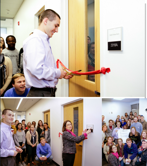 Clockwise from top: Walker Fellows President Kyle Harrison cuts the ribbon on the space; members of the Walker Fellows in the space; Walker College Dean Norris dedicates the Walker Fellows Room