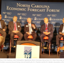 From left, Wells Fargo’s Mark Vitner, UNC Charlotte’s John Connaughton, Appalachian State University’s Harry Davis, N.C. State University’s Michael Walden, and Capital Tonight host Tom Boyum discuss North Carolina’s economic forecast during a forum hosted by the N.C. Chamber and the N.C. Bankers Association on Wednesday. (CJ photo by Barry Smith)