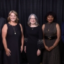 The App State Alumni Association recognized four Mountaineers at the university’s 2025 Alumni Awards Gala, held July 12 on the Boone campus. Pictured with App State Chancellor Heather Norris, center, from left to right, are Outstanding Service Award recipient Phillip Ostwalt ’83, Distinguished Alumni Award recipient Kimberly Shepherd ’97, Distinguished Alumni Award recipient Retired U.S. Army Col. Edna Cummings ’78 and Young Alumni Award recipient Bryson Stewart ’09. 