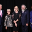 App State Chancellor Sheri Everts, center, with the recipients of the 2022 App State Alumni Awards: John Thomas Roos ’84, far left; June Wilson Hege ’65, second from left; Mark E. Ricks ’89, second from right; and Douglas Middleton Jr. ’15 ’18, far right. App State’s Alumni Association presented the recipients with their awards during the Alumni Awards Gala, held July 16 in the Grandview Ballroom on campus as part of Alumni Weekend. The awards honor graduates whose outstanding professional, service and phil